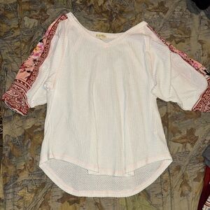 Kori White Blouse with Pink and Red Patterned Sleeves